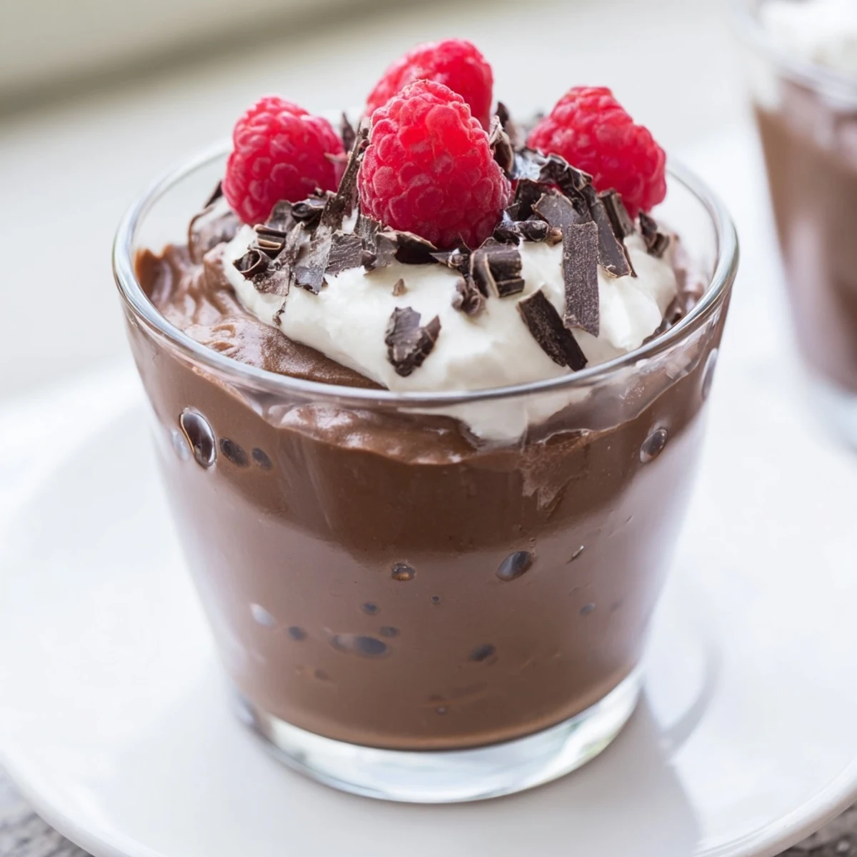 Valentine Chocolate Mousse served in a glass, topped with fresh raspberries and shaved dark chocolate.