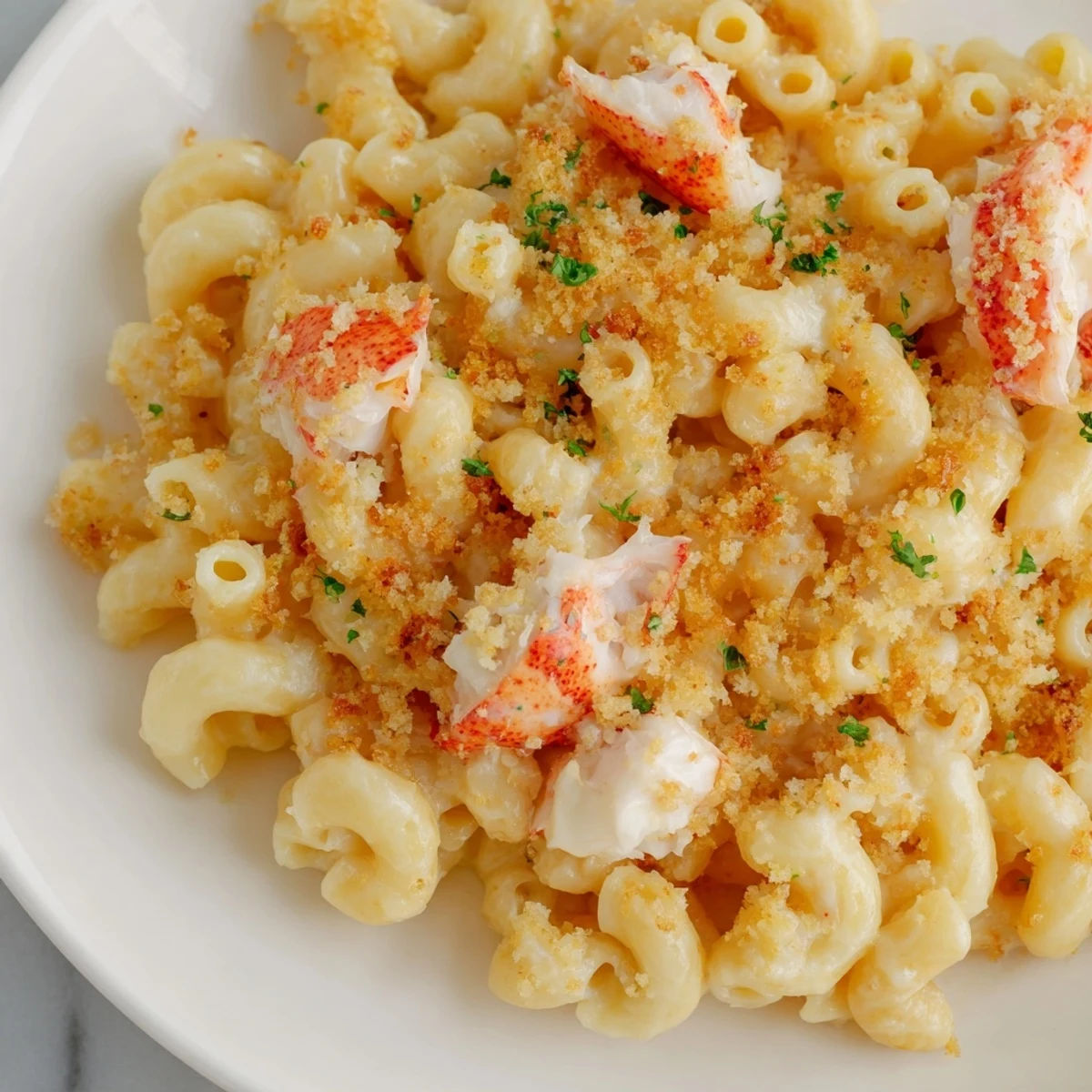 Golden, bubbling Romantic Lobster Mac and Cheese fresh from the oven, with a crispy panko topping.