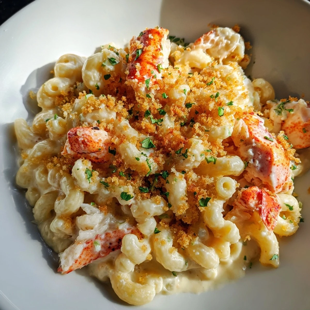 A close-up of Romantic Lobster Mac and Cheese, revealing tender lobster chunks folded into creamy pasta.