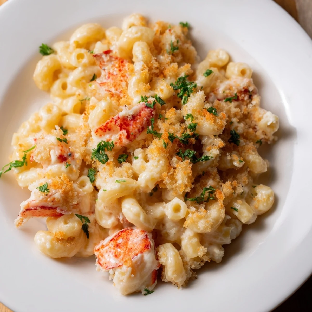 Served Romantic Lobster Mac and Cheese in a baking dish, garnished with fresh parsley and ready to enjoy.