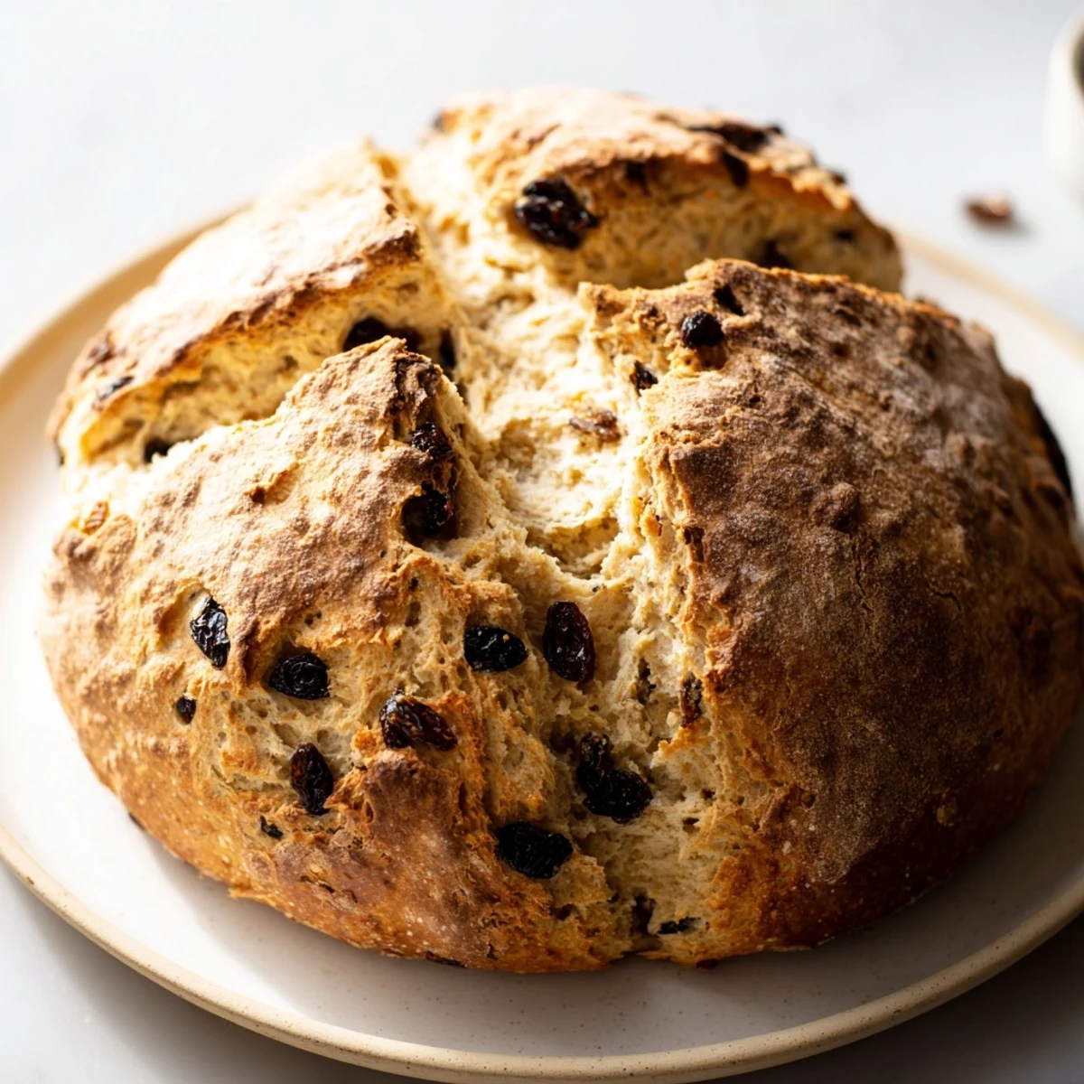 Freshly baked St. Patricks Day Irish Soda Bread with a golden, cracked crust and tender, raisin-studded interior on a rustic board.