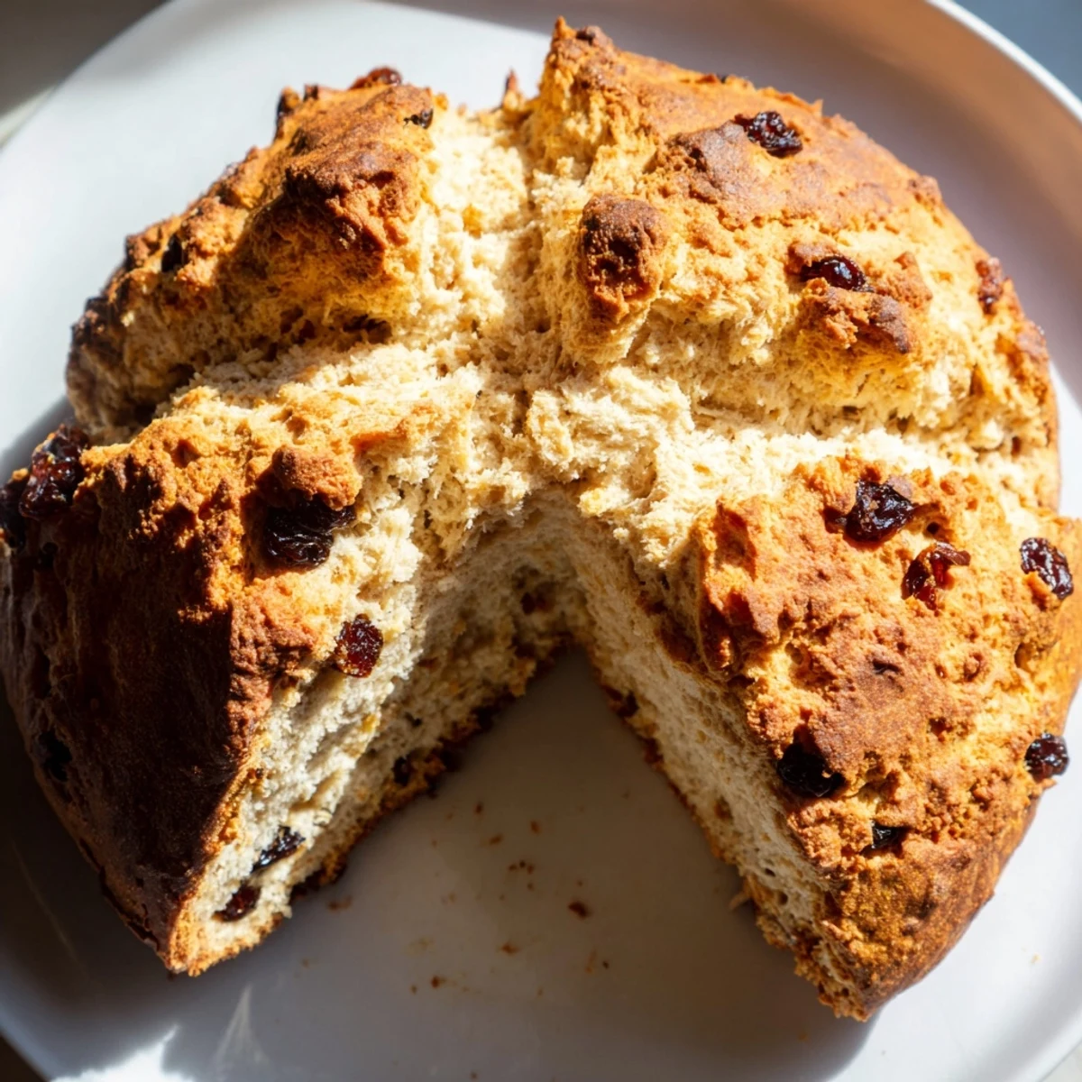 A warm slice of St. Patricks Day Irish Soda Bread spread with creamy butter and jam beside a festive green shamrock.