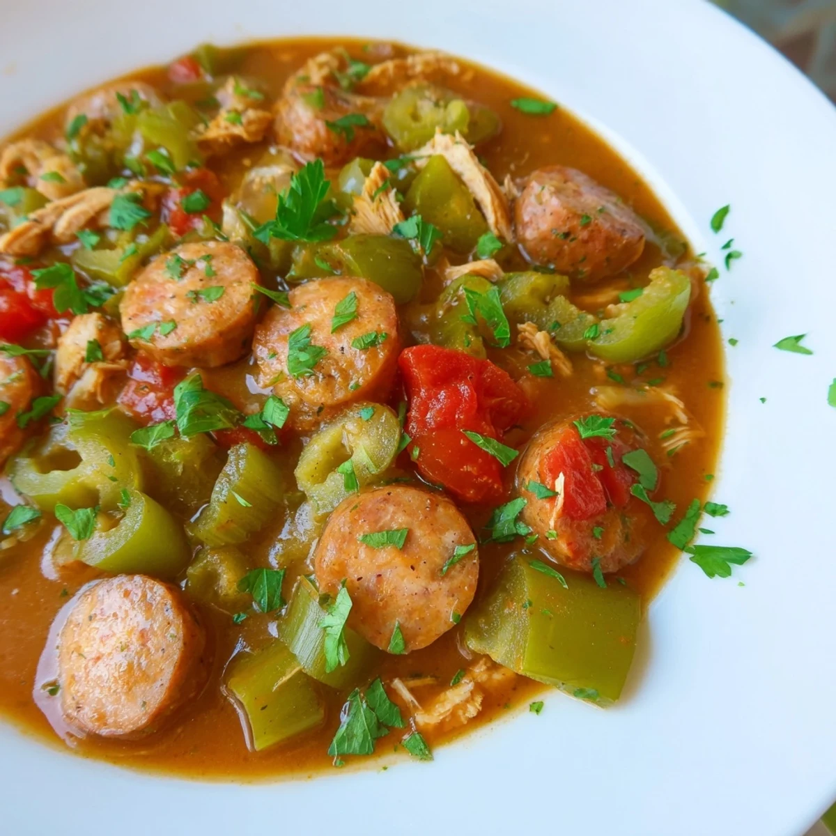 Steaming Louisiana Gumbo with Turkey Sausage and okra served over fluffy white rice in a rustic bowl.  