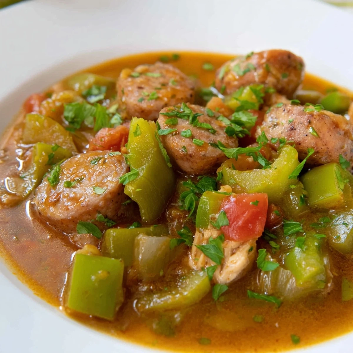 A ladle pours hot Louisiana Gumbo with Turkey Sausage from a Dutch oven, garnished with fresh parsley.