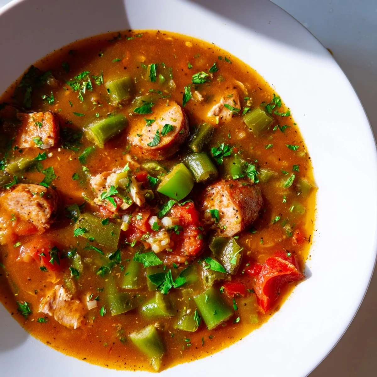 Hearty spoonful of Louisiana Gumbo with Turkey Sausage, tender okra, and aromatic vegetables in rich broth.  