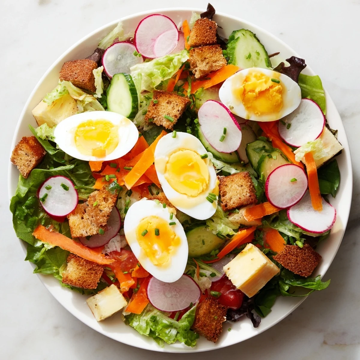 A close-up of Irish Pub Salad with Egg, featuring creamy hard-boiled eggs, crisp cucumber, and sharp cheddar on vibrant greens.