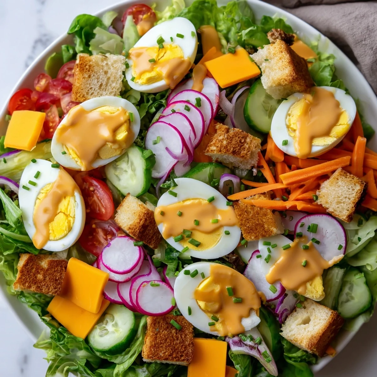 Bright bowl of Irish Pub Salad with Egg topped with halved cherry tomatoes, shaved radishes, and tangy mustard vinaigrette.