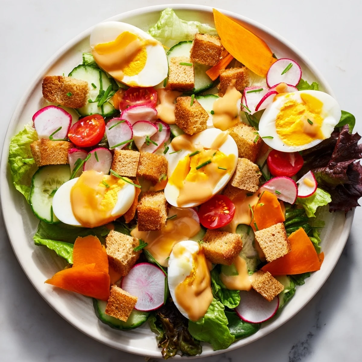 Hearty Irish Pub Salad with Egg served with crunchy croutons and fresh chives, perfect for a light lunch or pub-style dinner.