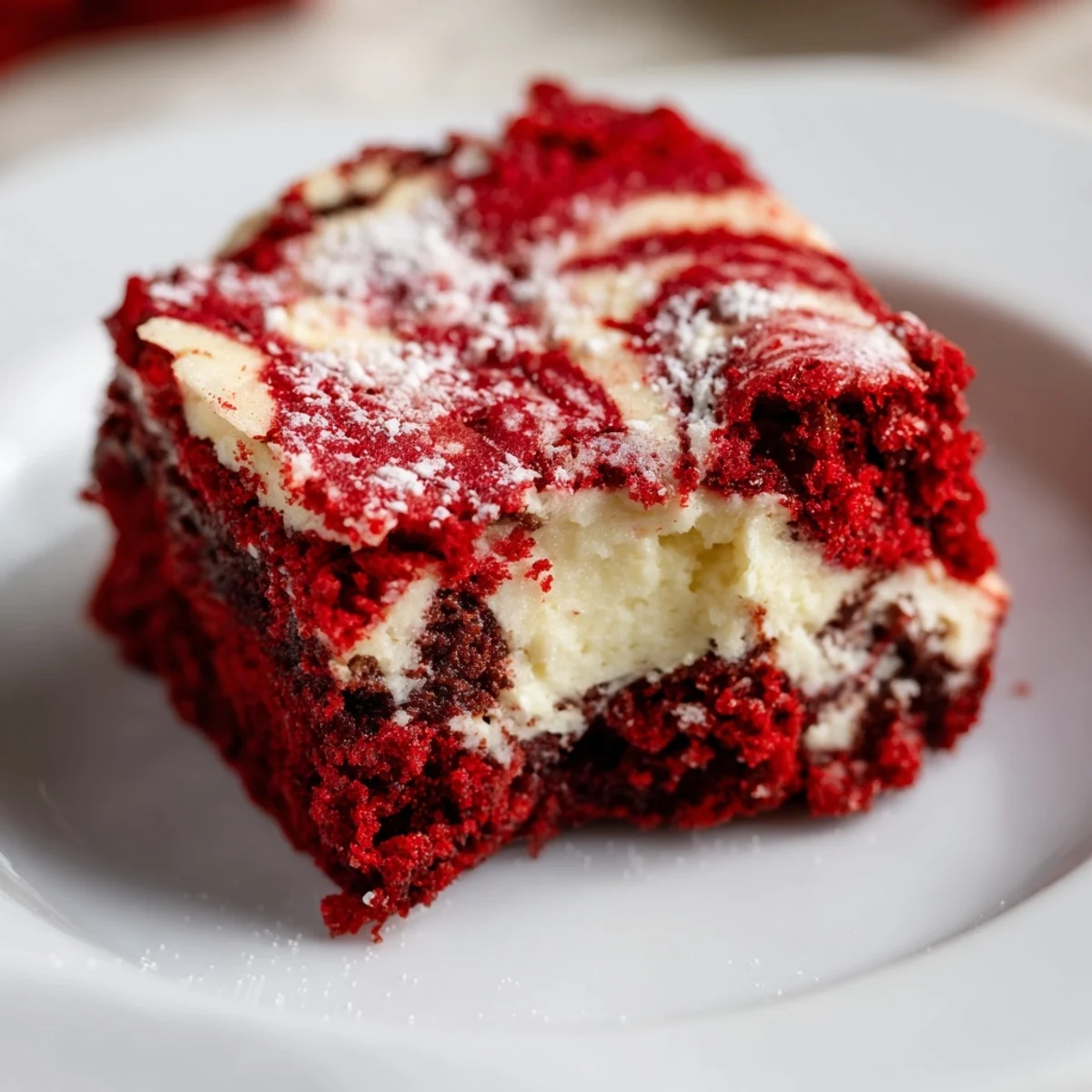 A close-up of moist, crimson red velvet cheesecake brownie bites topped with a delicate powdered sugar dusting.