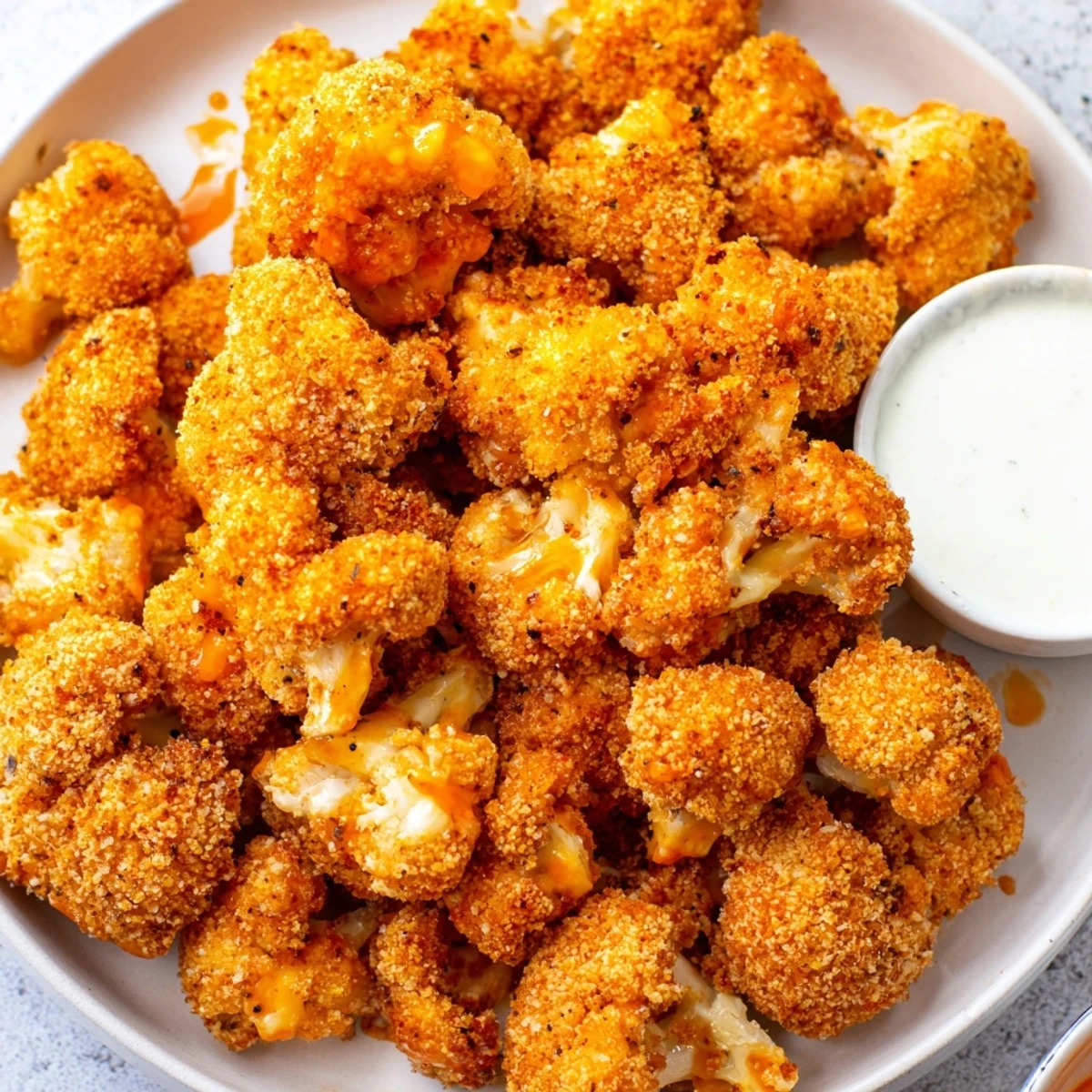 Tangy buffalo-sauced cauliflower florets served with homemade ranch dressing, showcasing a golden crunch perfect for game day snacking or a healthy appetizer.