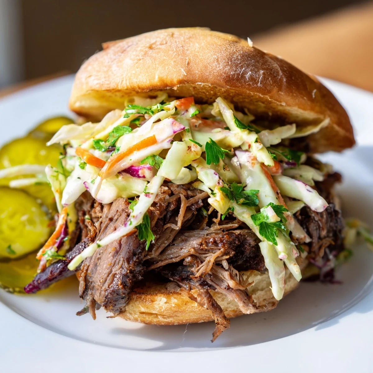 Slow-cooked, shredded beef brisket piled high on soft slider buns, topped with creamy, tangy homemade coleslaw.