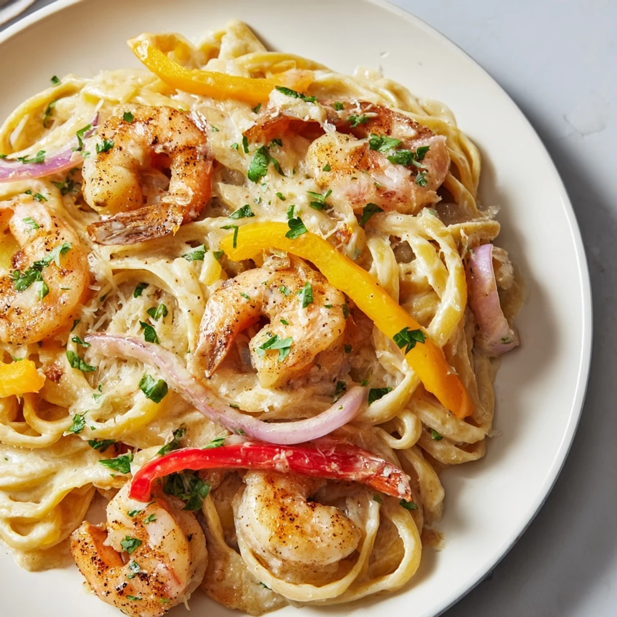 Creamy Cajun Shrimp Pasta with Bell Peppers is garnished with fresh parsley on a white plate, ready to serve.