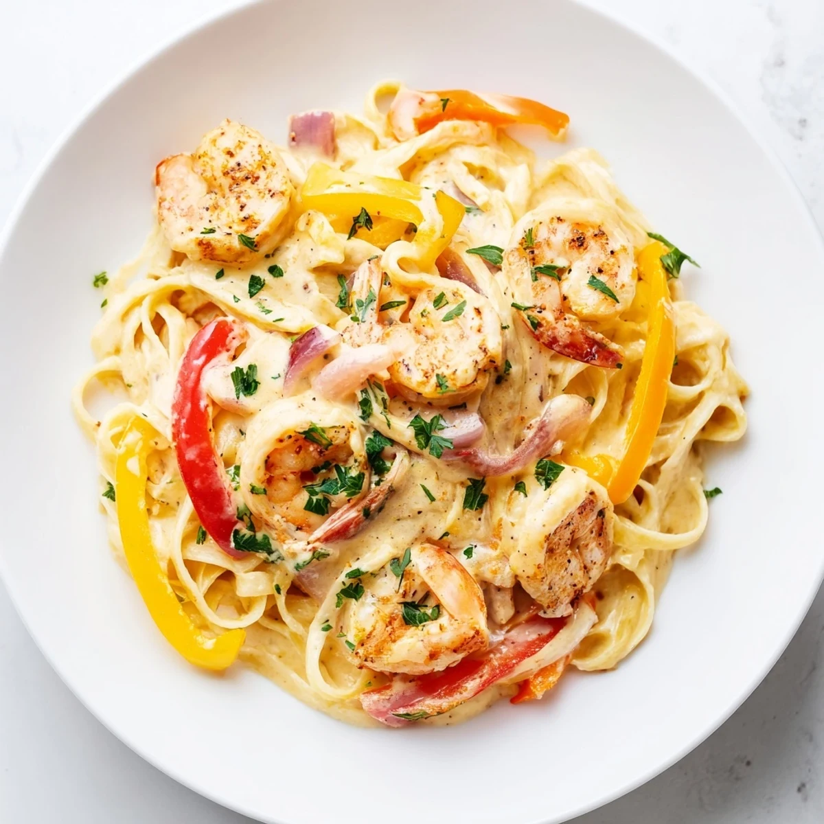 Close-up of sautéed shrimp and colorful bell peppers tossed in a rich, creamy Cajun sauce over fettuccine.