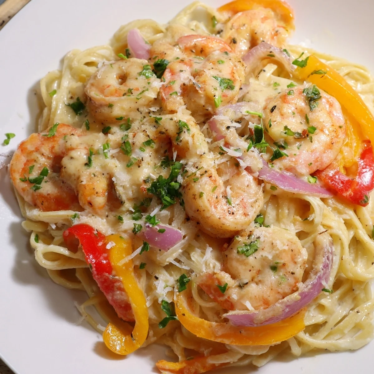 A serving of Creamy Cajun Shrimp Pasta with Bell Peppers paired with a glass of crisp white wine.