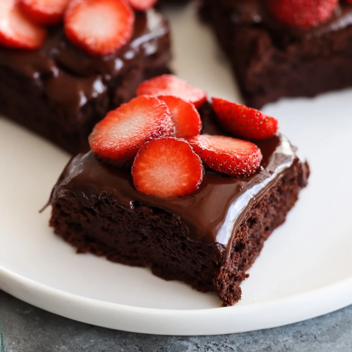 Freshly baked Chocolate Covered Strawberry Brownies cool on a wire rack, featuring fudgy squares topped with bright red strawberries and glossy ganache.