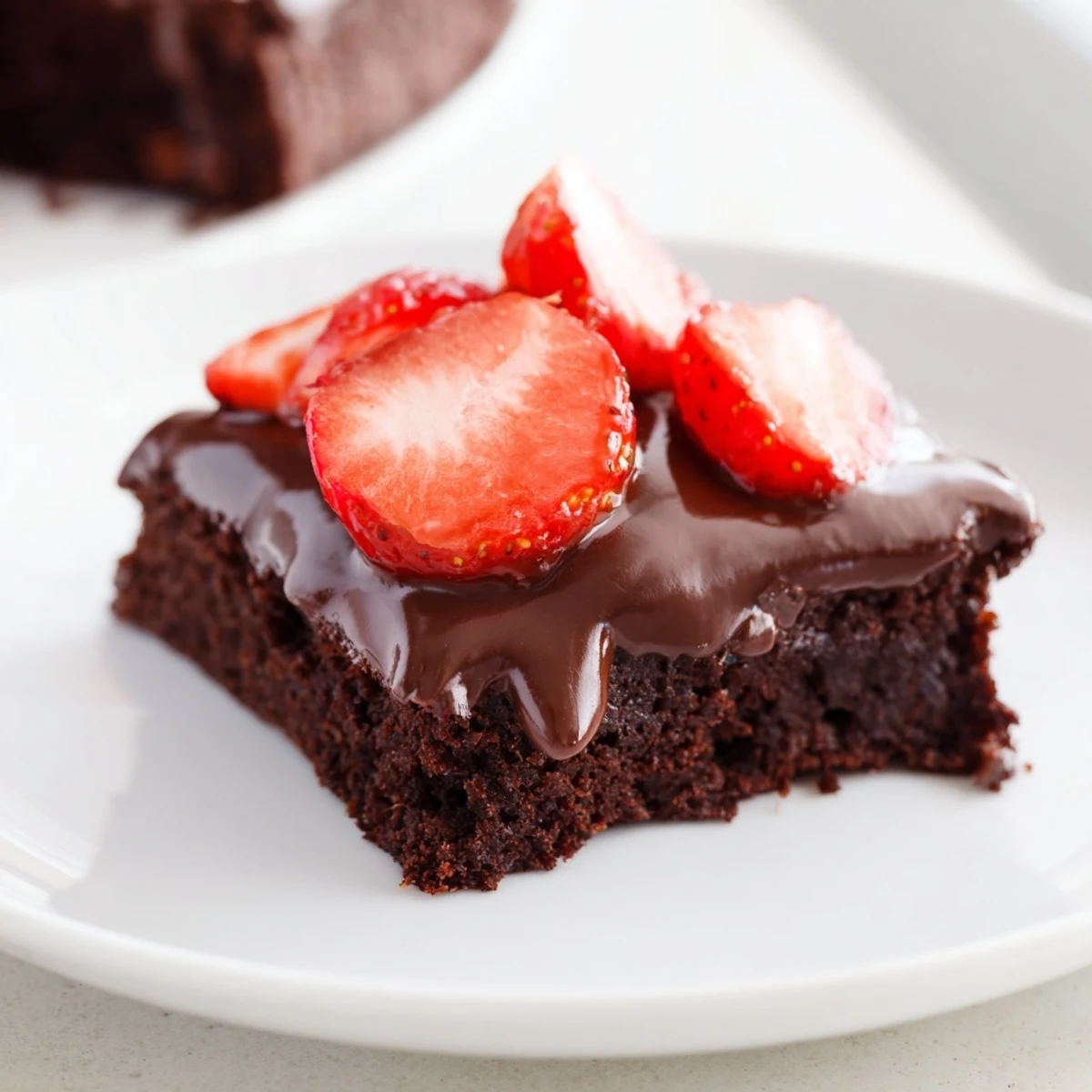Serving suggestion for Chocolate Covered Strawberry Brownies: squares plated with a dusting of powdered sugar, ready to enjoy with coffee or milk.