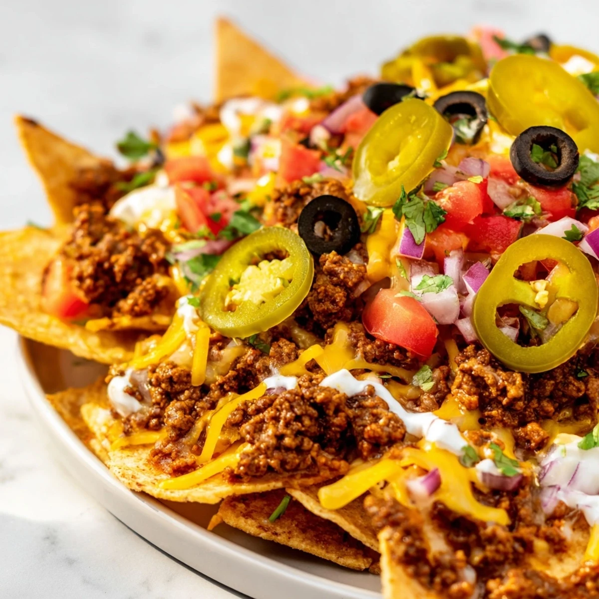 Freshly baked Spicy Beef Nacho Platter with Jalapeños, loaded with melty cheese and crisp tortilla chips on a serving tray.