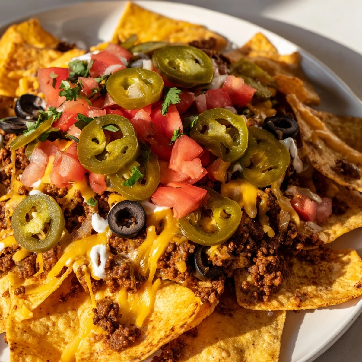 Steaming Spicy Beef Nacho Platter with Jalapeños served family-style with lime wedges, perfect for a game day gathering.