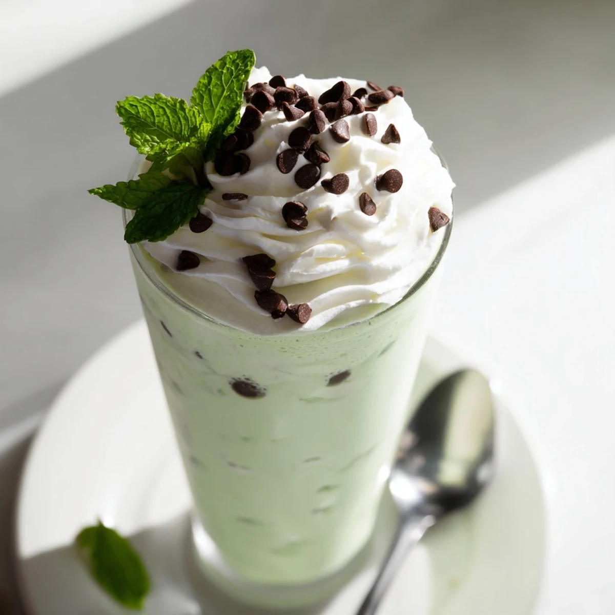 Thick and creamy Mint Chocolate Chip Milkshake with Whipped Cream topped with chocolate shavings, served with a striped straw in bright light.
