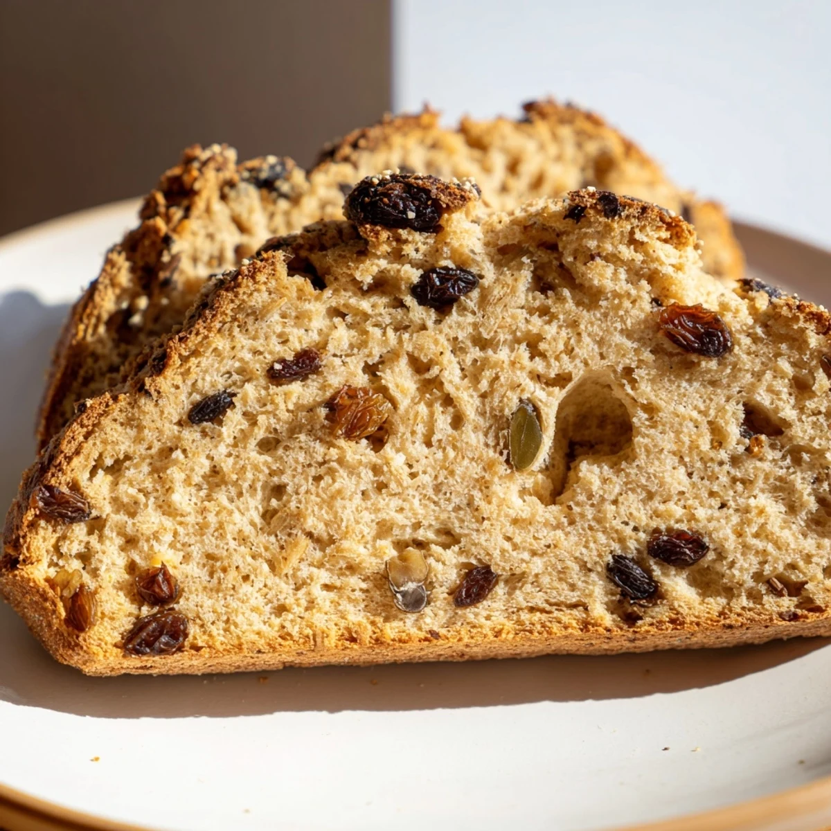 Freshly baked Irish Soda Bread with Raisins and Caraway on a wooden board, sliced to show the tender, golden crumb inside.