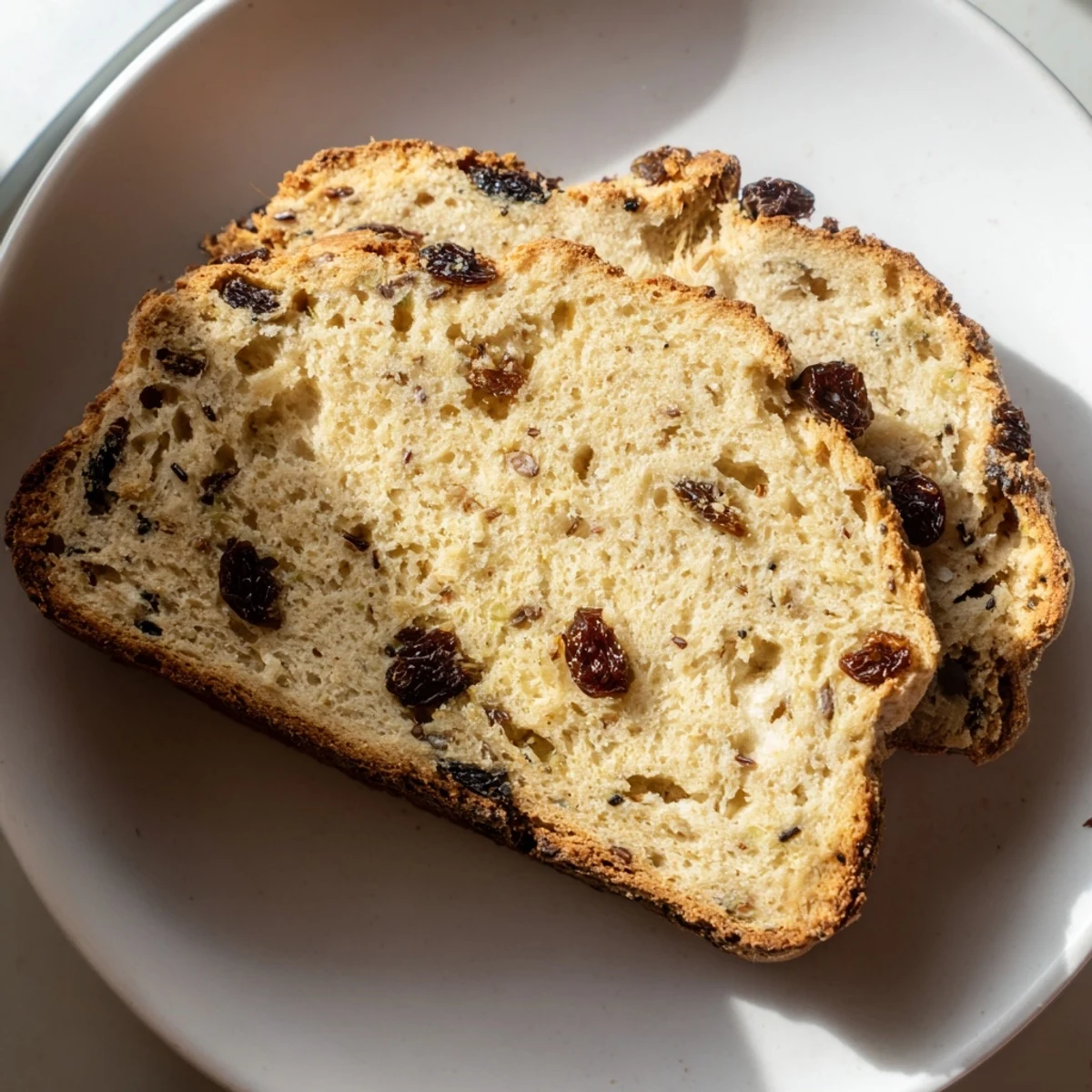 Overhead view of Irish Soda Bread with Raisins and Caraway on a baking sheet, dusted with flour and cut with a deep X.
