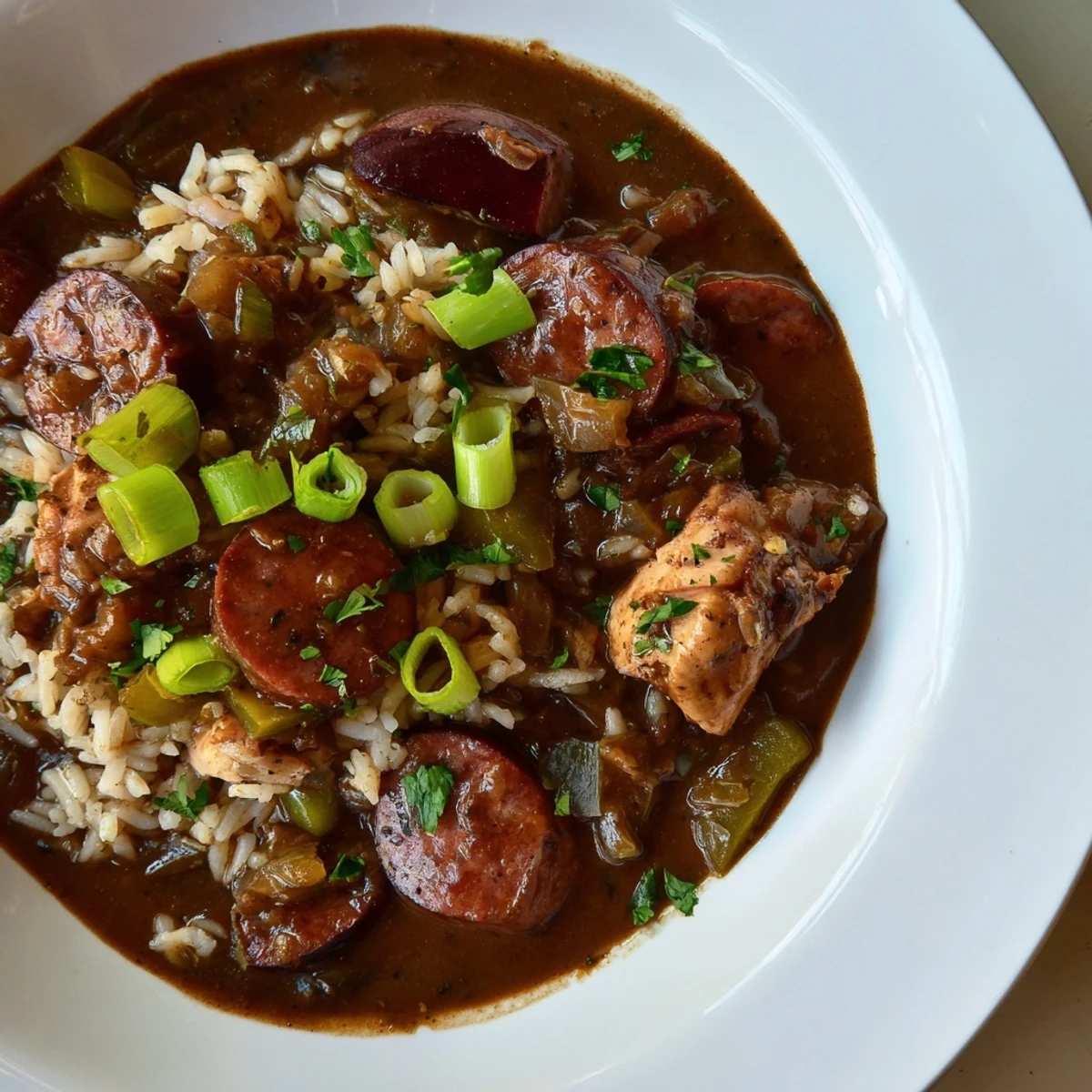 Close-up of rich, dark Chicken and Beef Sausage Gumbo simmering in a pot with tender chicken, smoky sausage, and aromatic vegetables.