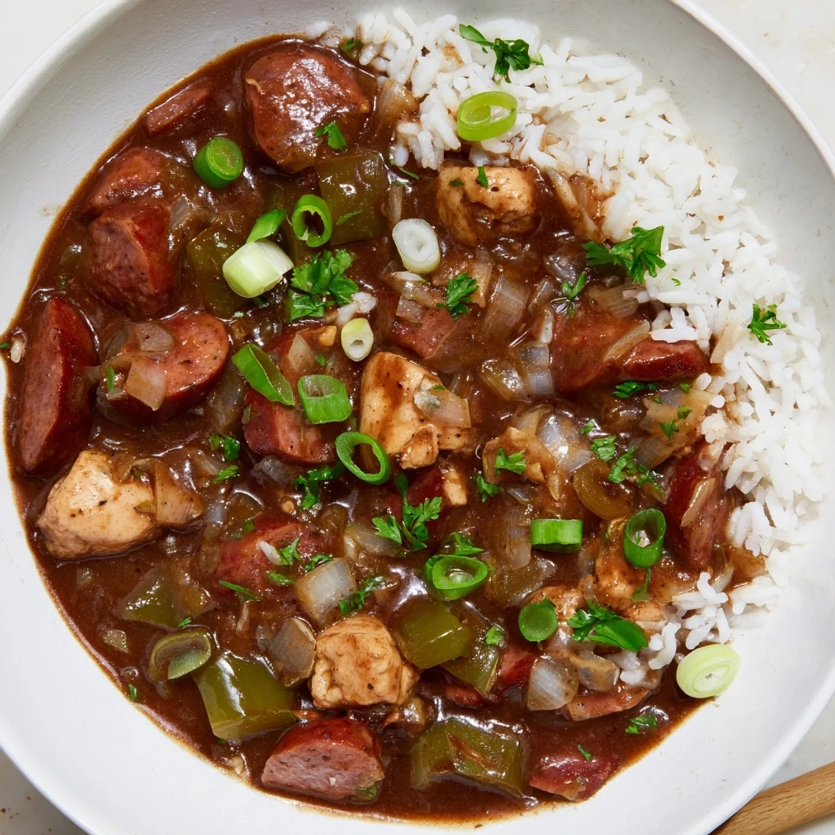 Serving of Chicken and Beef Sausage Gumbo ladled over fluffy white rice, garnished with fresh green onions and parsley.