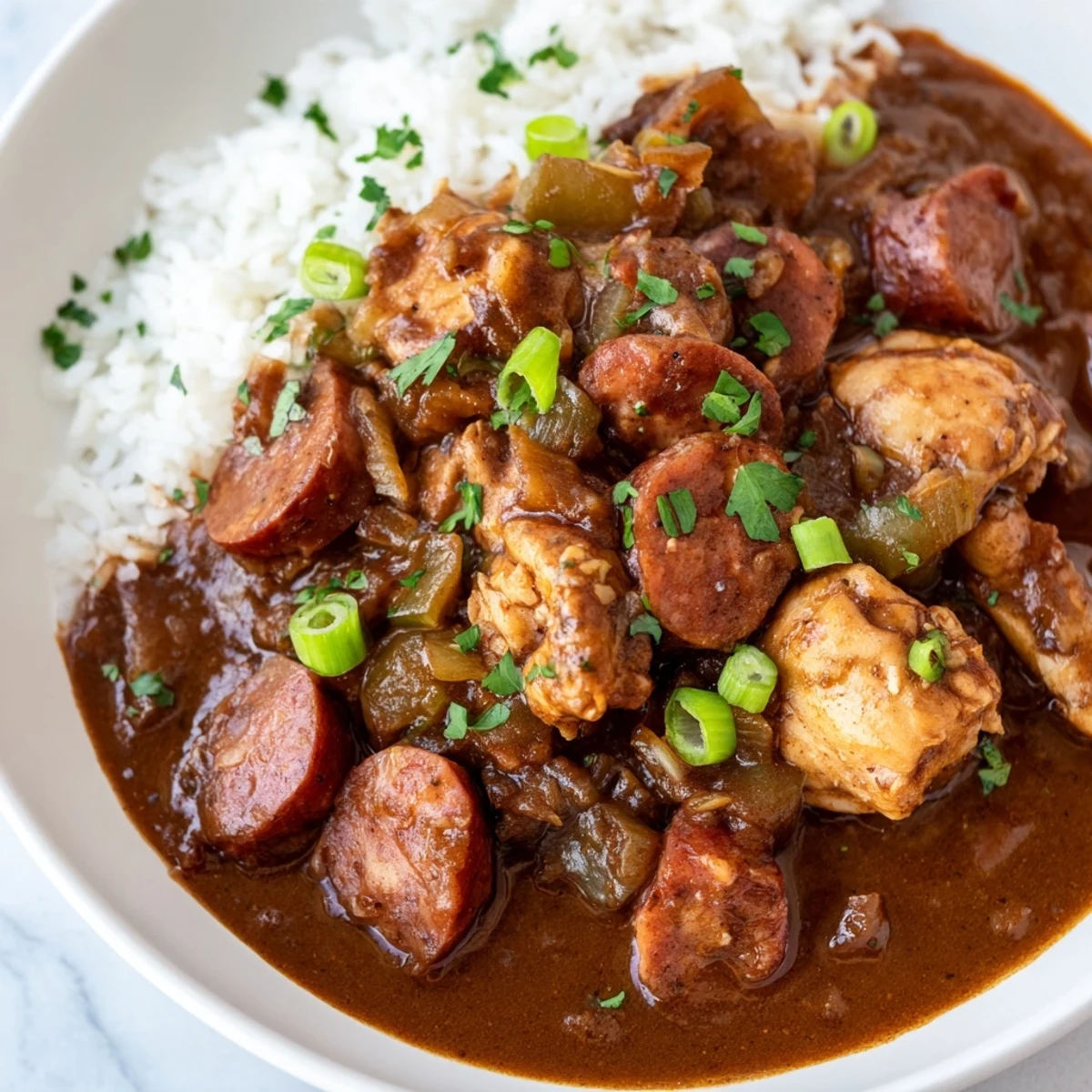 A hearty bowl of Chicken and Beef Sausage Gumbo with visible vegetables and sausage, ready to be enjoyed with crusty bread.