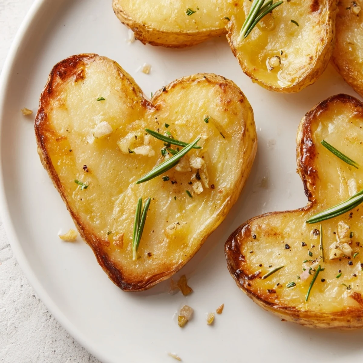 A close-up view of Roasted Heart Shaped Potatoes with Rosemary, garnished with fresh herbs and ready to be enjoyed.
