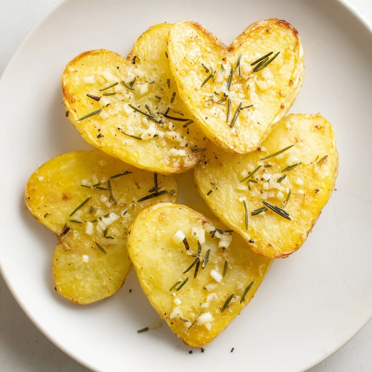 Golden brown Roasted Heart Shaped Potatoes with Rosemary, crispy on edges and fluffy inside, served fresh from the oven.