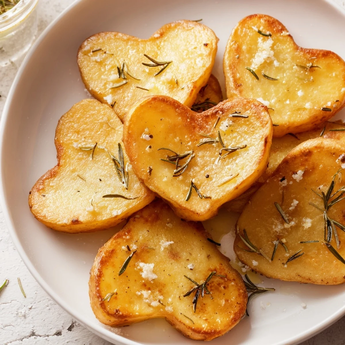 Arrangement of Roasted Heart Shaped Potatoes with Rosemary on parchment, a savory vegetarian side dish for a romantic dinner.