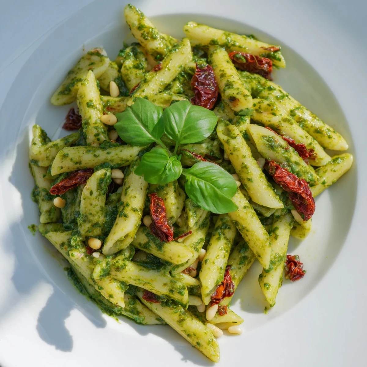 A vibrant plate of Green Pesto Pasta with Sun-Dried Tomatoes, tossed with fresh basil and topped with sliced tomatoes, ready to serve.  