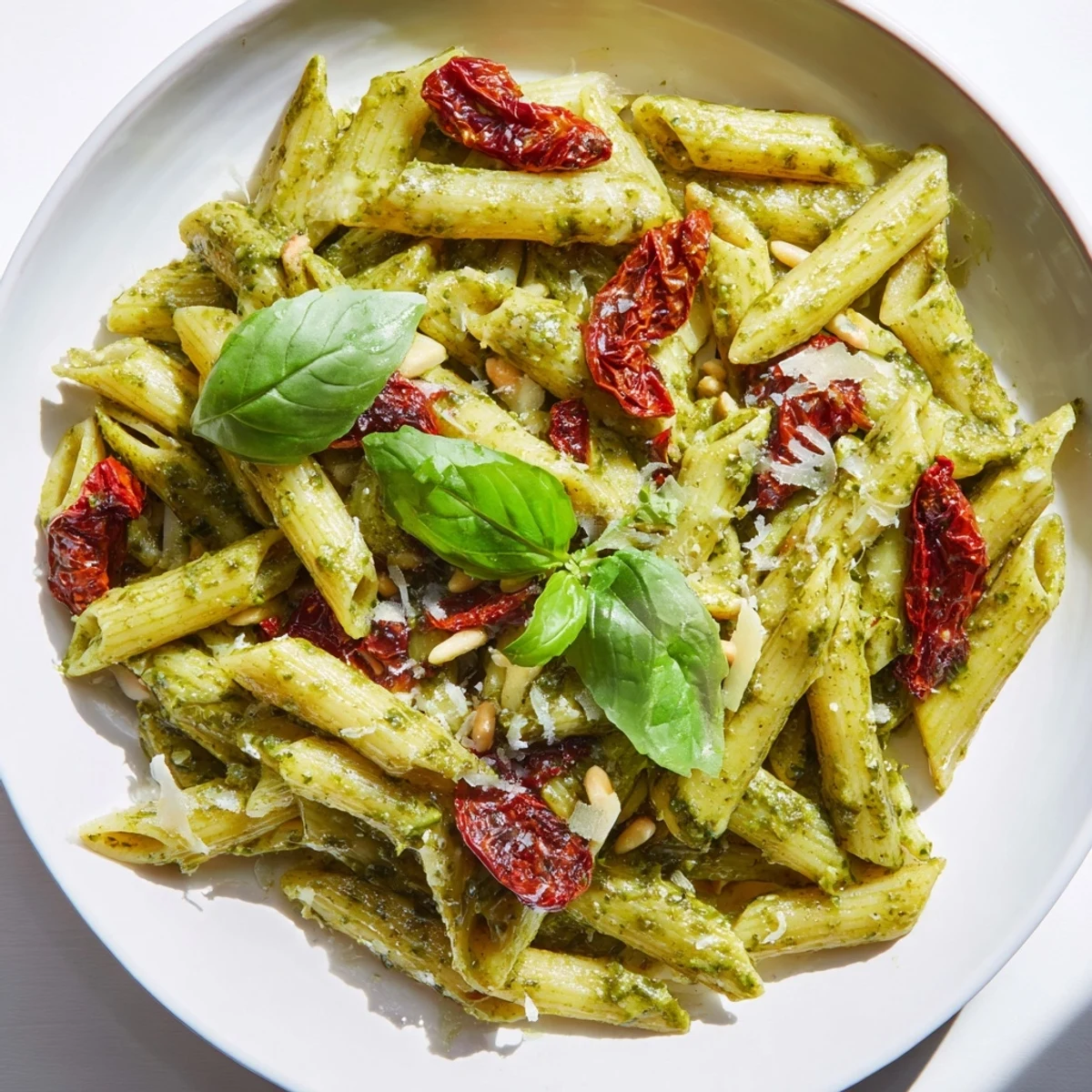 Close-up of Green Pesto Pasta with Sun-Dried Tomatoes, showcasing glossy pesto-coated noodles and colorful tomatoes on a rustic wooden table.
