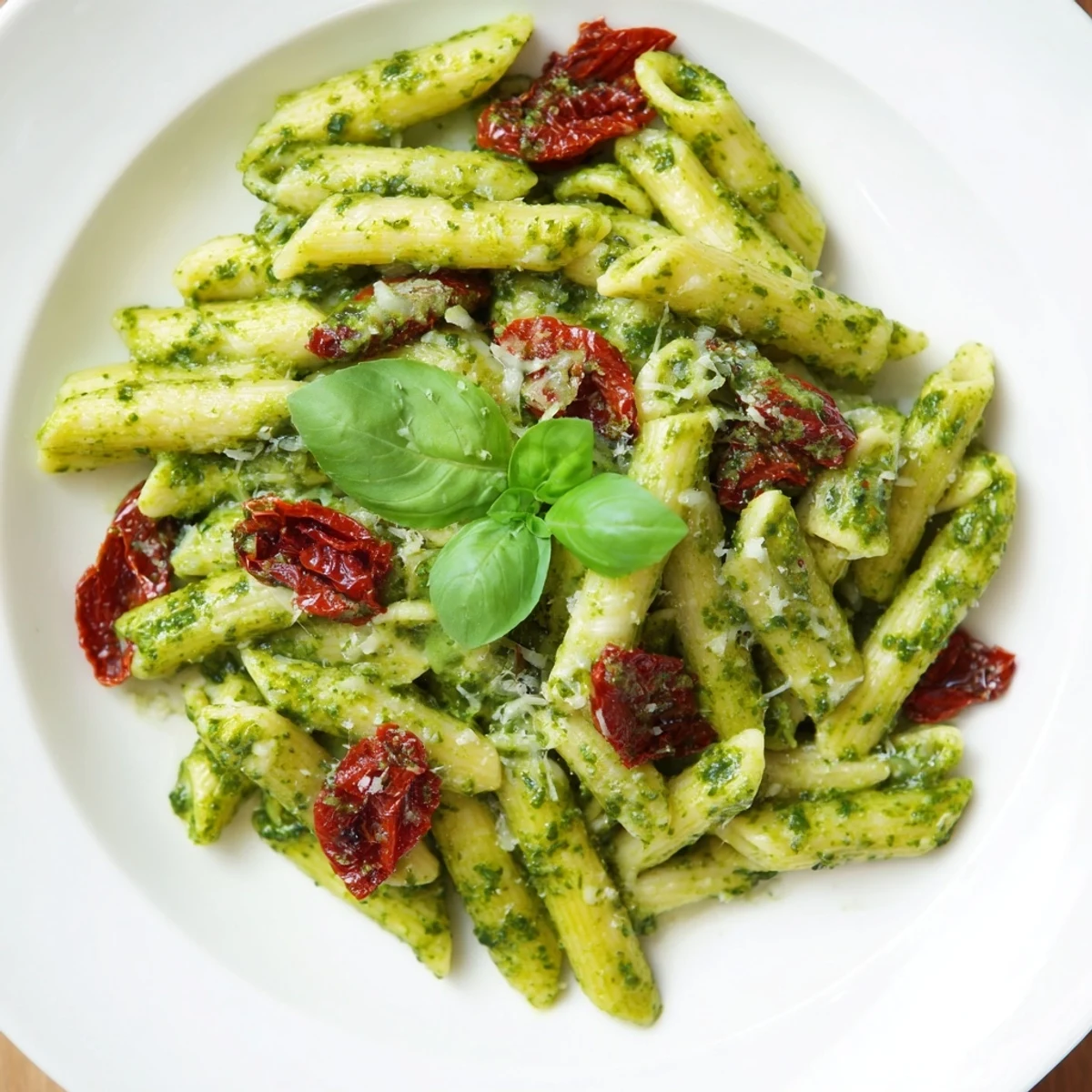 Green Pesto Pasta with Sun-Dried Tomatoes steams in a white bowl, garnished with fresh basil and grated Parmesan for a savory dinner.  