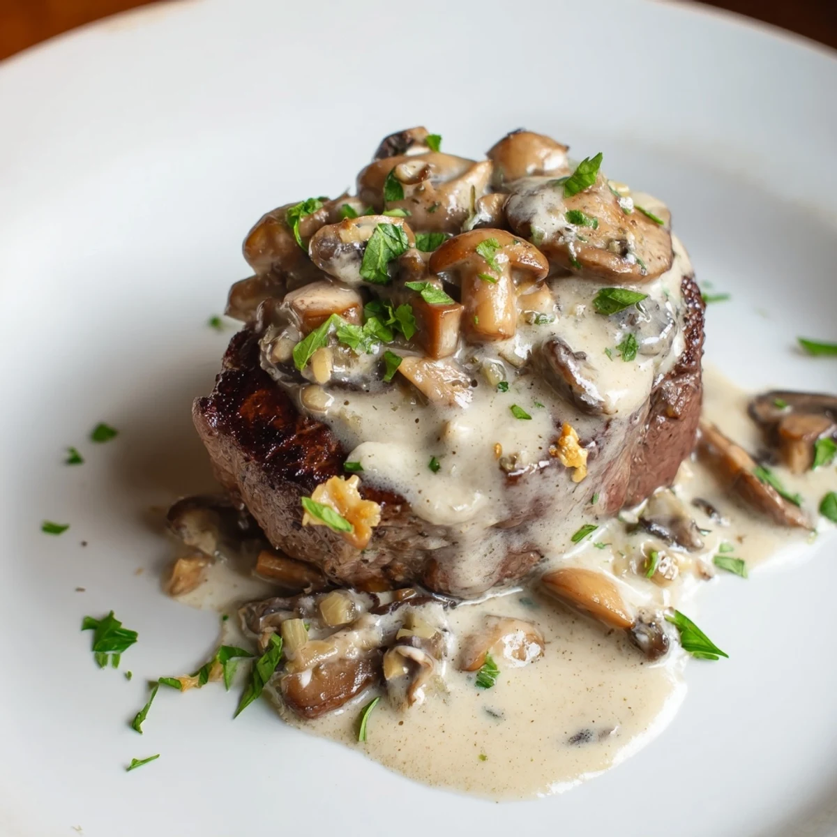Steak Diane plated with golden mushrooms and fresh parsley, served alongside buttery green beans.  