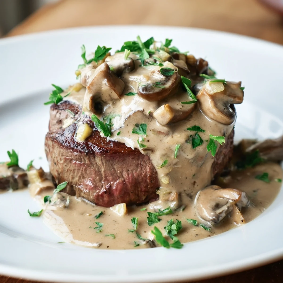 Pan-seared tenderloin steaks smothered in a rich, brandy-infused mushroom cream sauce, Steak Diane.  