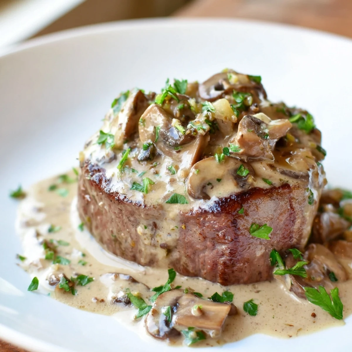 A close-up of juicy Steak Diane steaks draped in a velvety mushroom sauce, perfect for dinner.