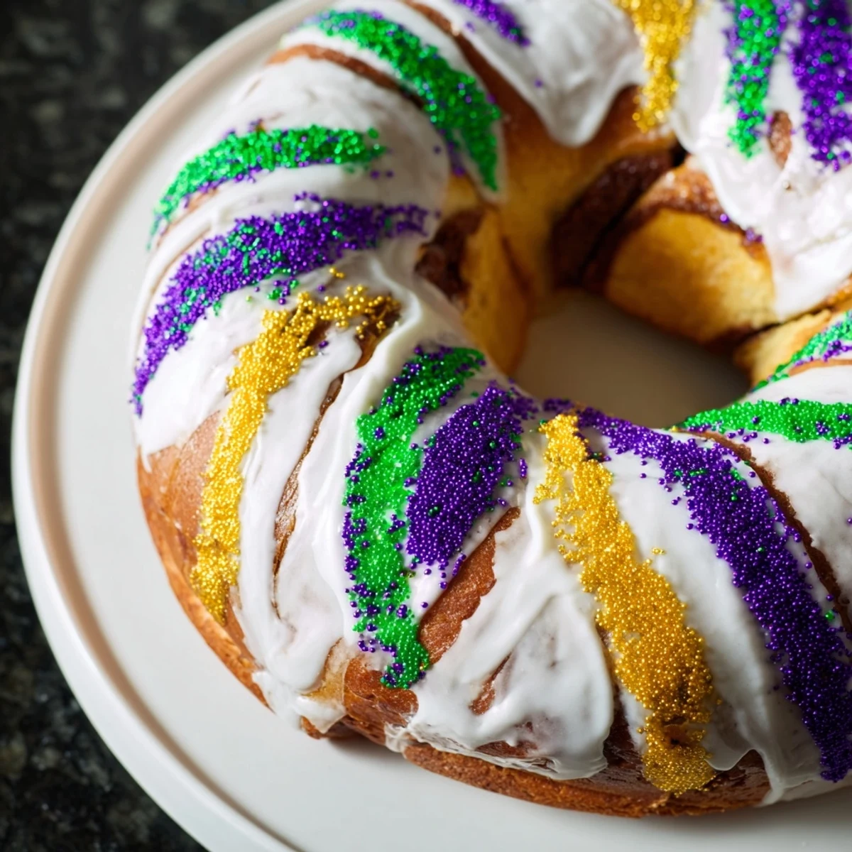 Golden-brown Mardi Gras King Cake sliced open to reveal its fluffy cinnamon swirl filling, a festive treat from New Orleans.  