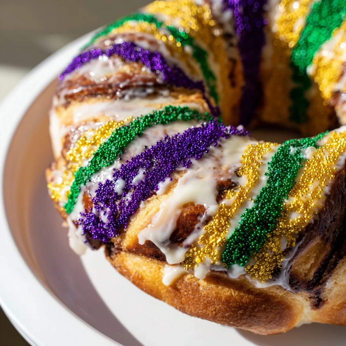 A freshly baked Mardi Gras King Cake with vibrant purple, green, and gold sugars over sweet icing, ready for Carnival season.  