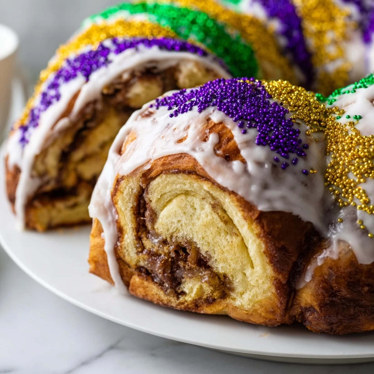 Festive Mardi Gras King Cake decorated with colorful sugars, perfect for a Mardi Gras party or Fat Tuesday celebration.