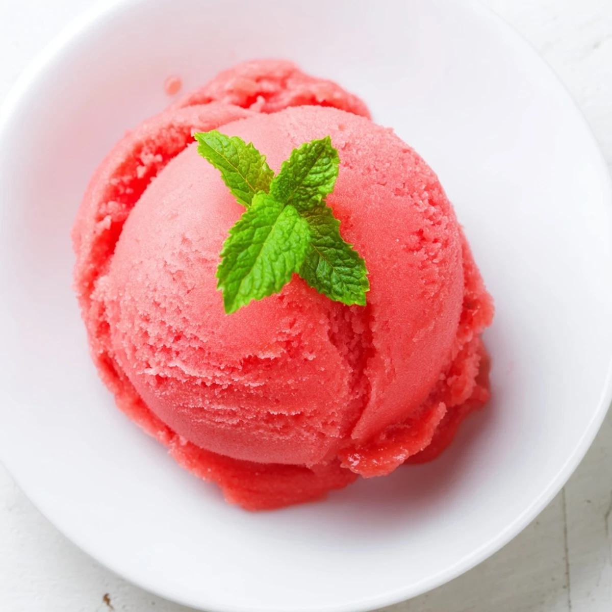 Bright pink lemonade sorbet with fresh mint garnish in a clear glass bowl, ready to serve on a hot summer day.