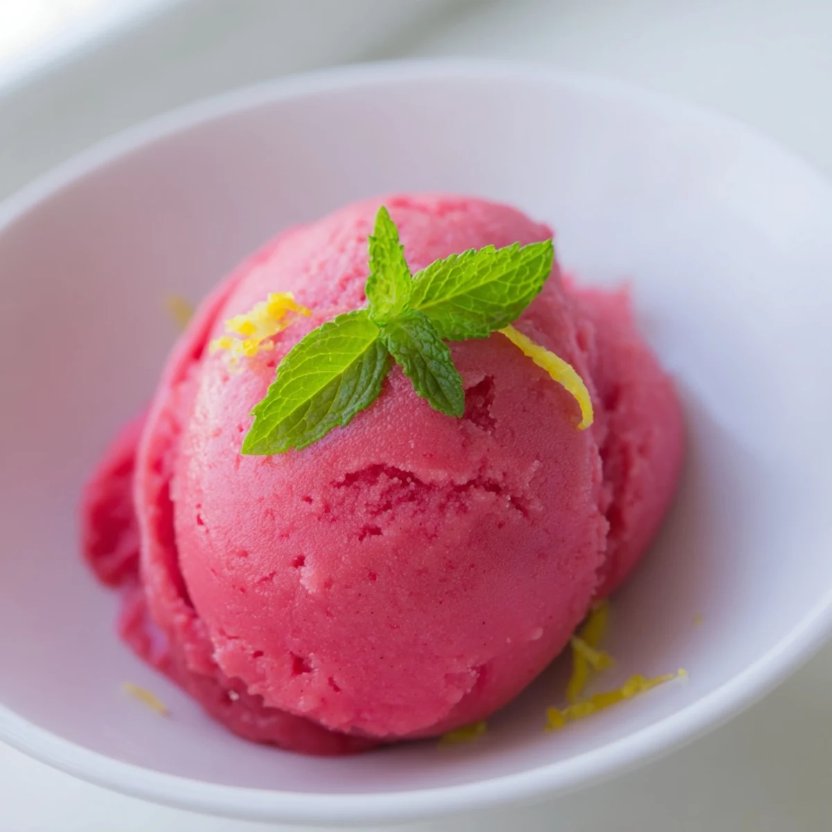 A scoop of tangy Pink Lemonade Sorbet with Fresh Mint releases icy vapor beside sliced lemons and mint sprigs.