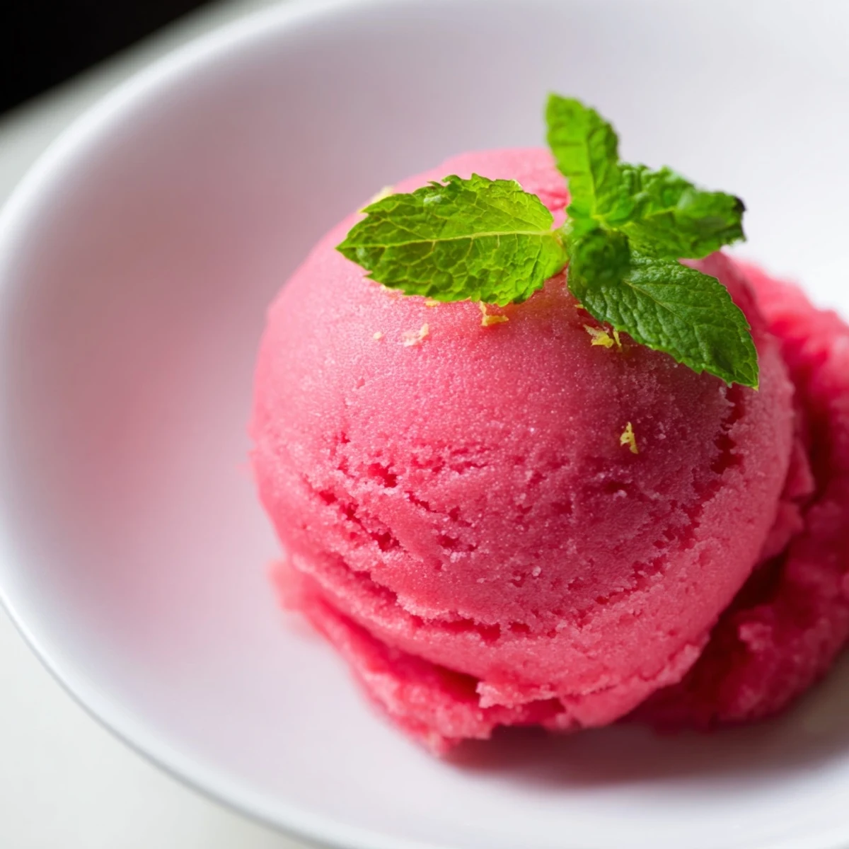Frozen Pink Lemonade Sorbet with Fresh Mint swirls with crushed ice crystals, paired with sparkling water and shortbread cookies.