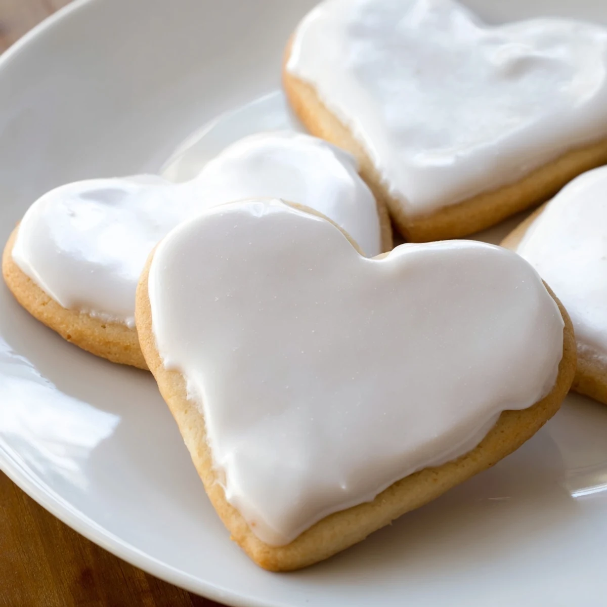 Heart-shaped sugar cookies with royal icing sit on a cooling rack, their glossy white icing shimmering in the soft kitchen light.