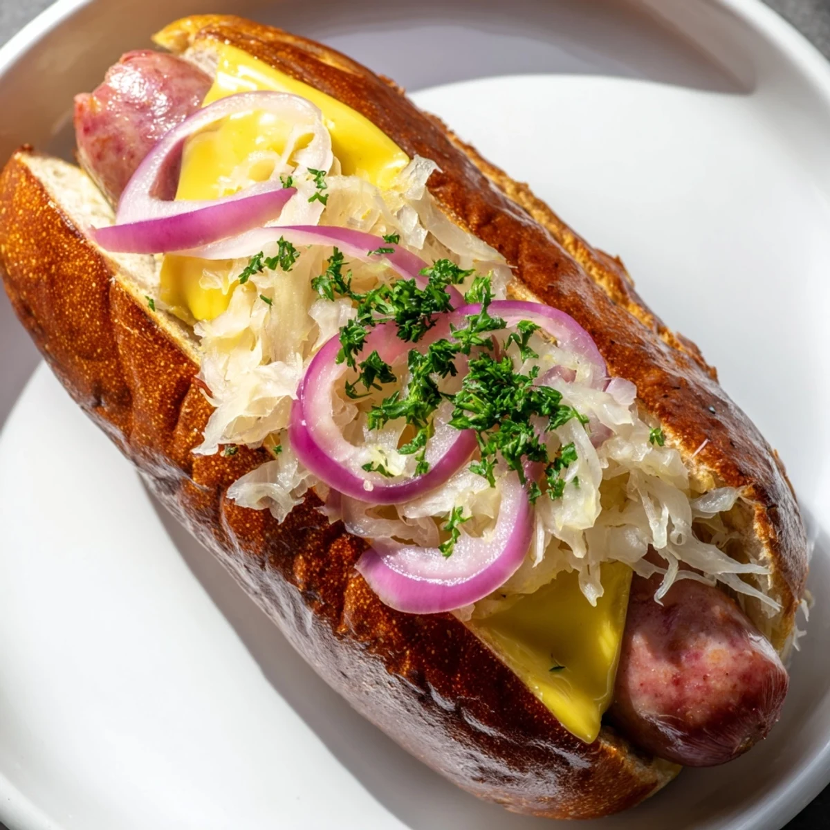 Grilled beef brats sizzling on the grill, topped with tangy sauerkraut in a toasted bun.  