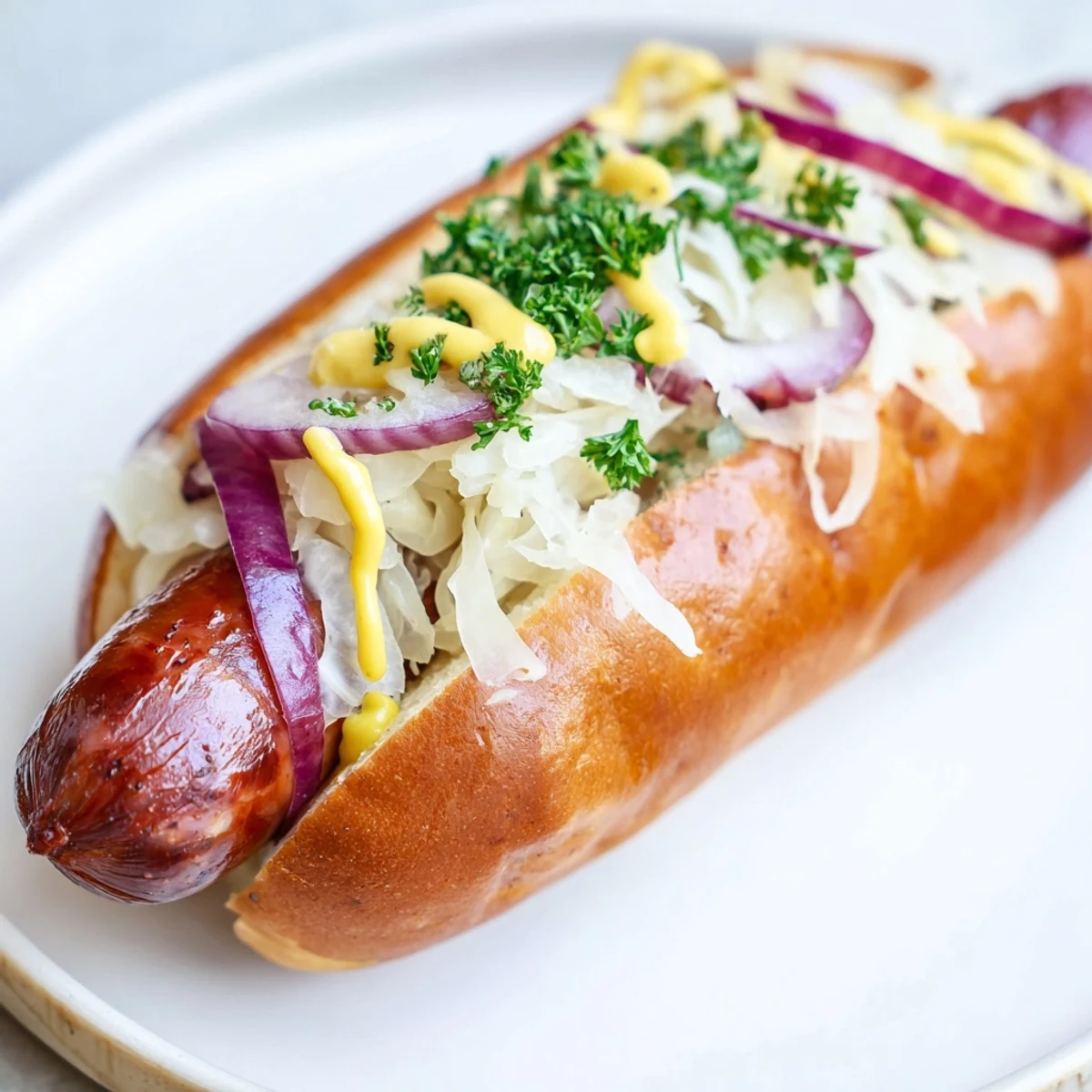 Golden-brown beef bratwursts served with sauerkraut and mustard in a soft, toasted bun.  
