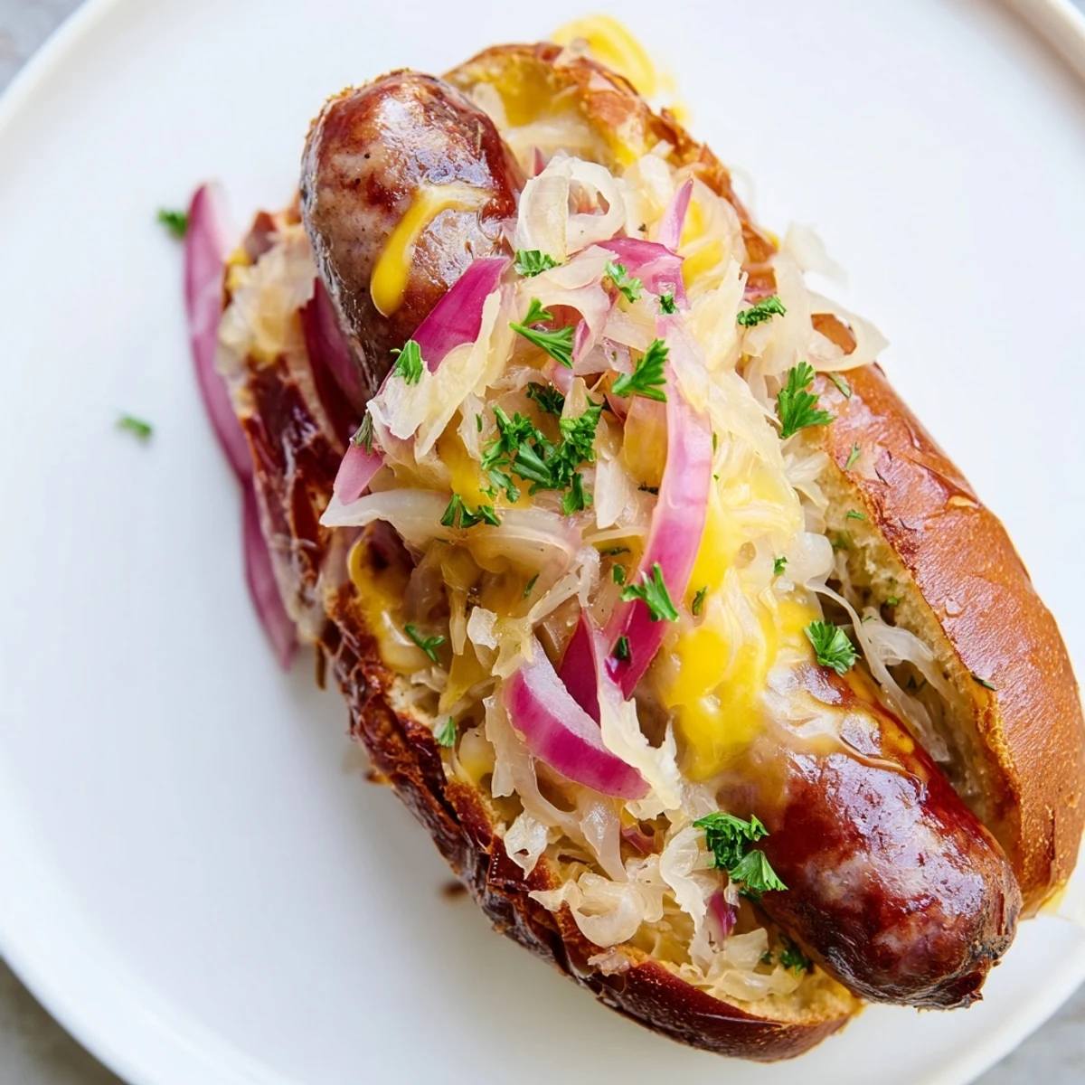Hearty grilled beef brats loaded with sauerkraut and optional Swiss cheese on a fresh roll.
