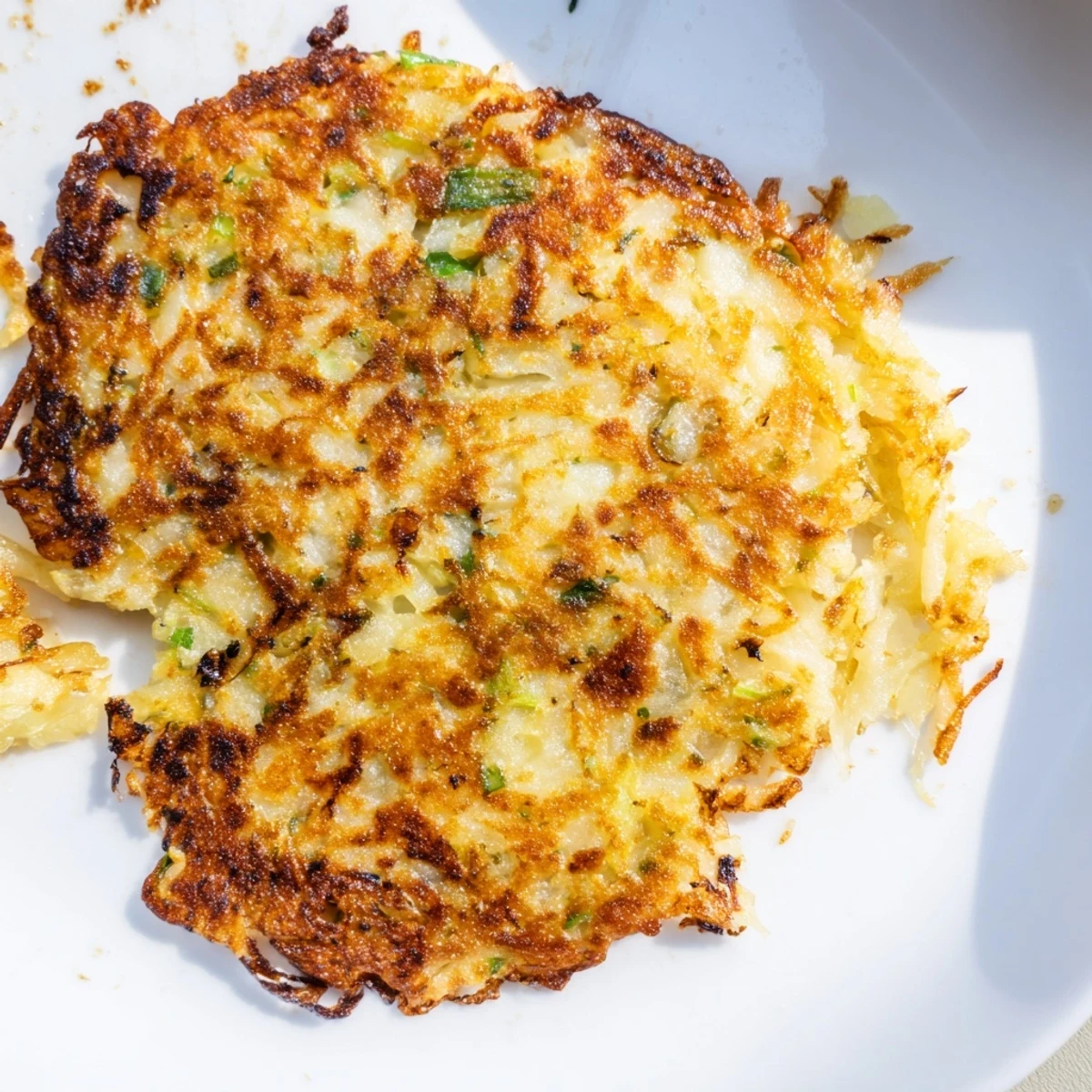 Golden-brown Irish Boxty Potato Pancakes sizzling in a skillet, flecked with fresh green scallions and brushed with melted butter for a crisp, comforting brunch side.