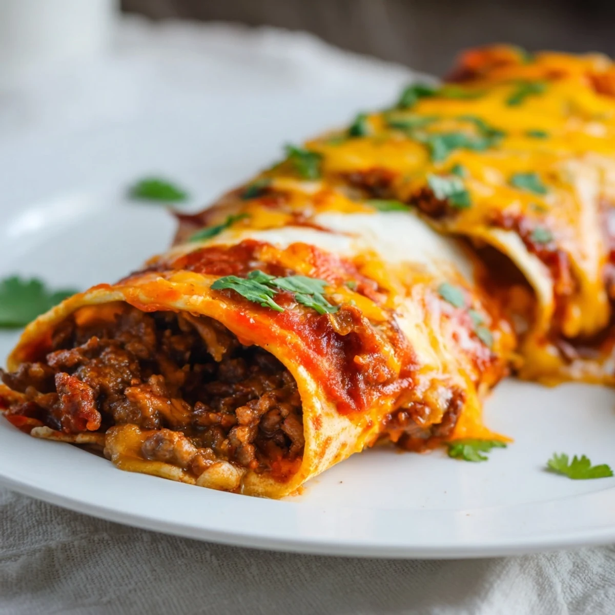 The baked Beef Enchiladas with Red Sauce and Cheese, bubbling with golden, gooey cheese and fresh cilantro.