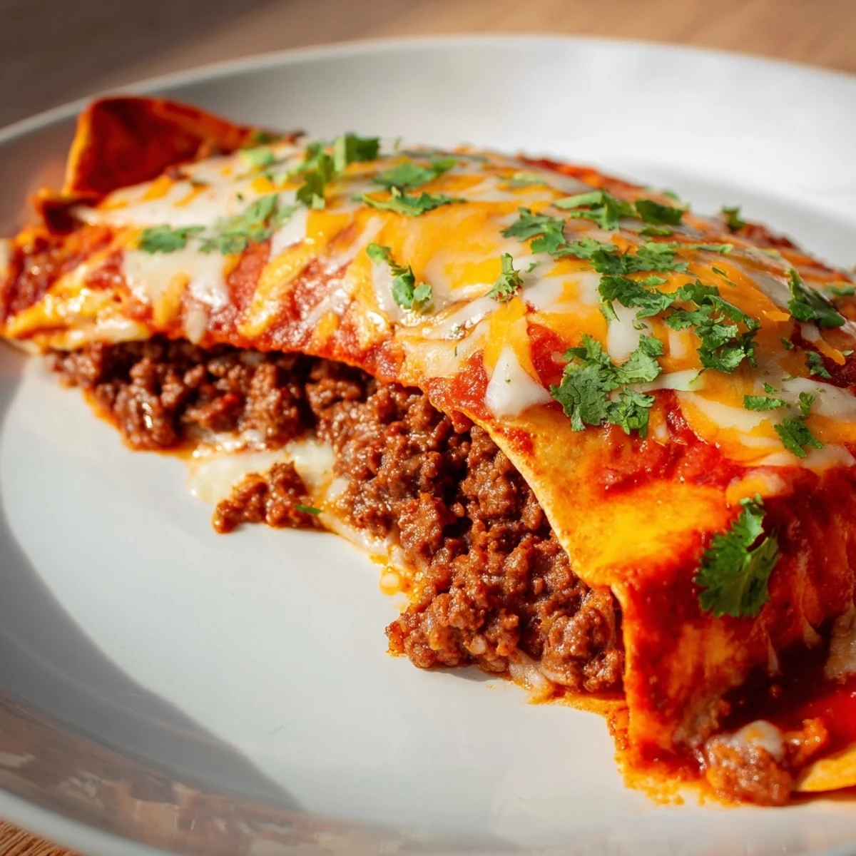 Ground beef and savory red sauce fill these homemade enchiladas, garnished with cilantro for a comforting Mexican meal.